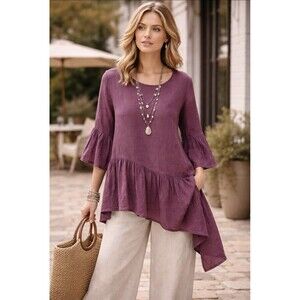 Bryn Walker Top Women Size S Purple 100% Linen Lagenlook Tunic Ruffle Hem